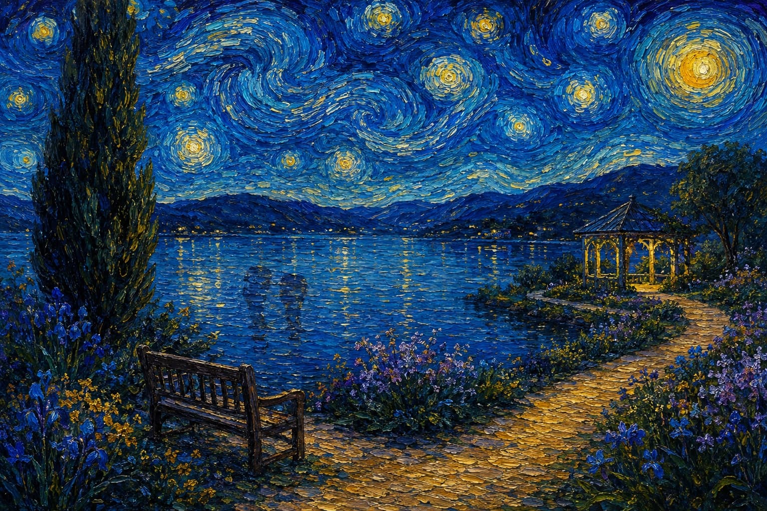Un sentiero e una panchina vuota, un gazebo sul lago. Il giardino dipinto di The Night We Met.